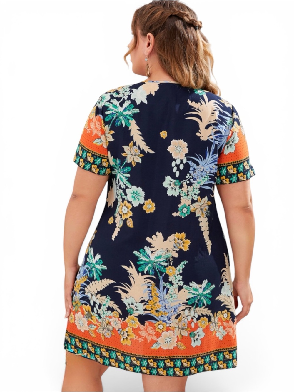 Emery Rose Navy & Floral Short Sleeve Dress - Picture 6 of 12